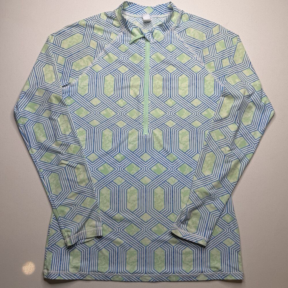 J McLaughlin Pullover Womens Sz L Athletic Quarter Zip Geometric Green Blue